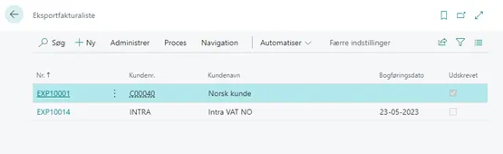 Eksportfaktura liste