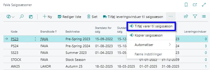 Tilføj varer til sæson