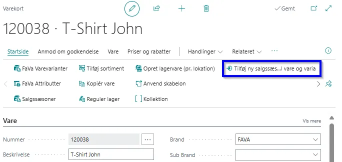 Tilføj sæson fra varekort